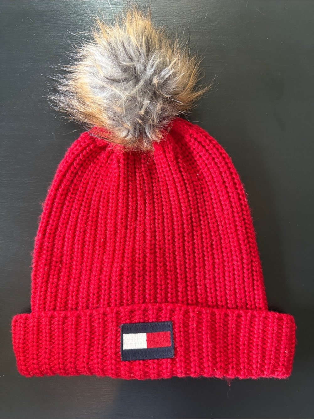 Tommy Hilfiger Kids Red Knit Beanie with Faux Fur Pom